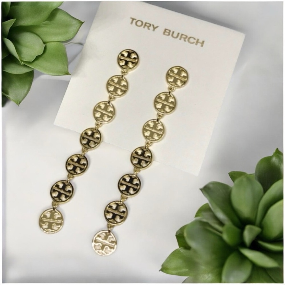 NEW Auth. Tory Burch Gold Long Logo Linear 3” Drop Earrings on TB Earring Card